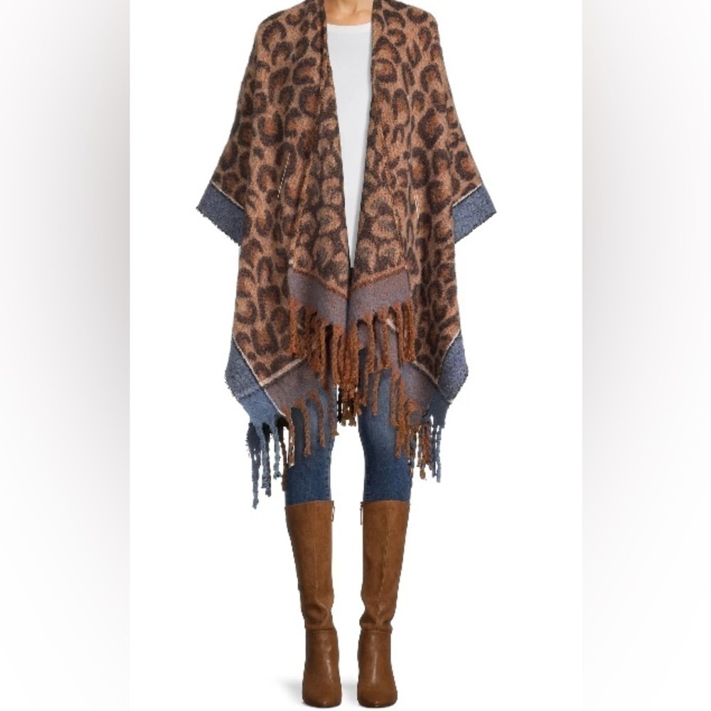 Scoop Denim Leopard Ruana Wrap Fringe Hem One Size OS